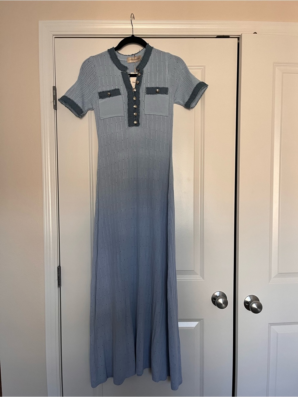 Light Blue Knit Maxi Dress with Dark Blue Trim by